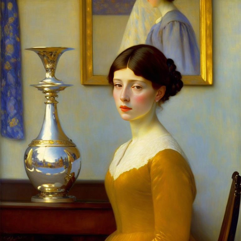 Classic Portrait: Woman with Dark Hair in Yellow Dress Near Vase & Painting