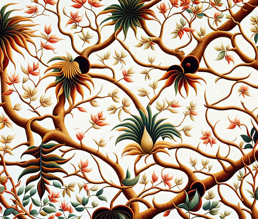 Intricate Escher-like pattern of interwoven tree branches and multicolored foliage