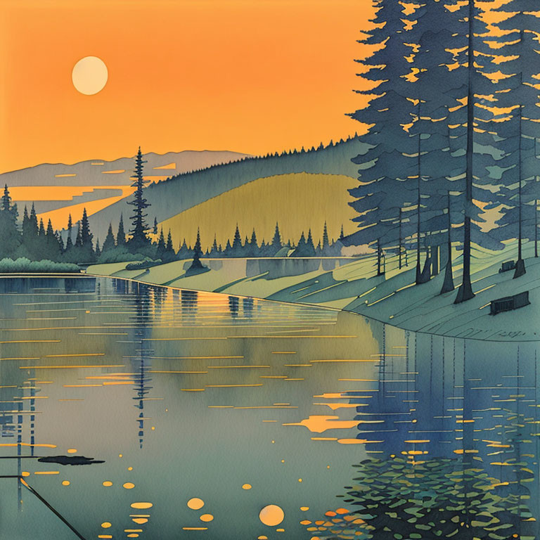 Tranquil sunset lake scene with pine trees and rolling hills