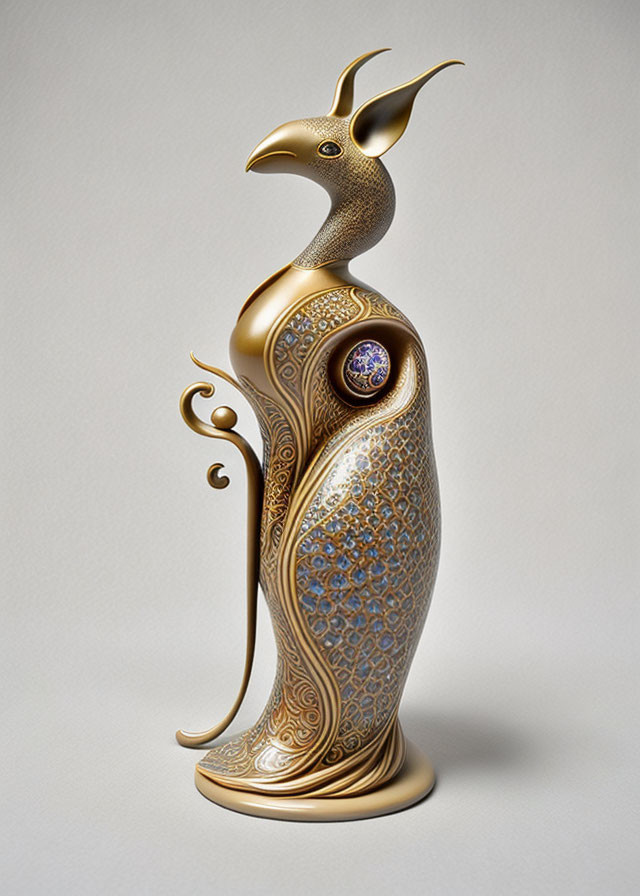 Golden Bird Sculpture with Gemstone on Grey Background