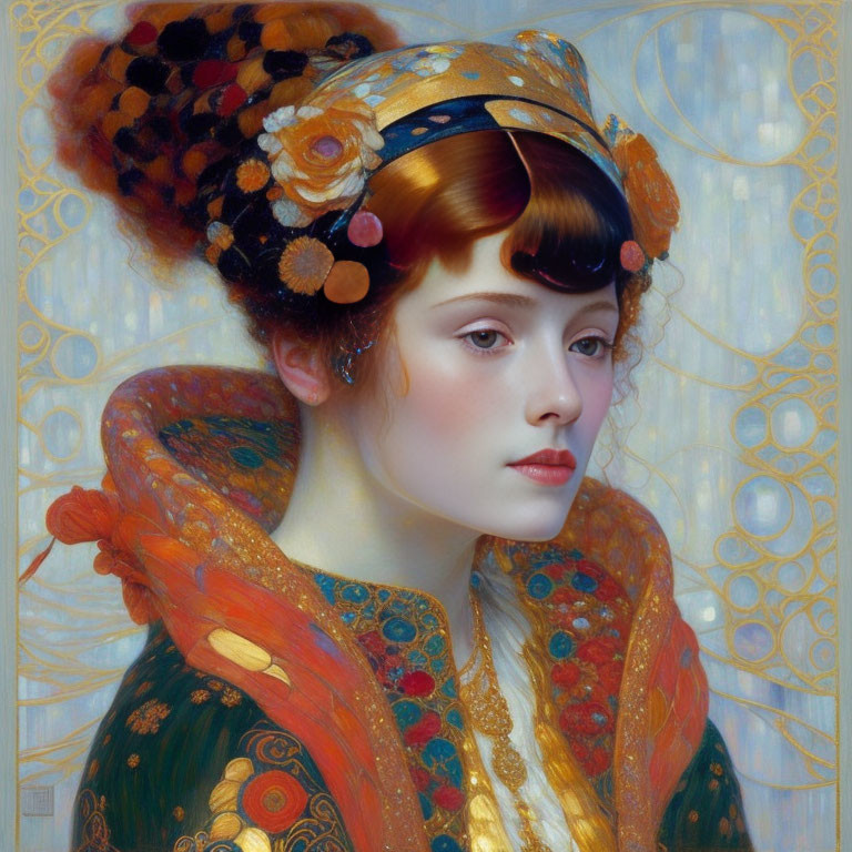 Portrait of Woman with Auburn Hair in Ornate Robe and Headpiece