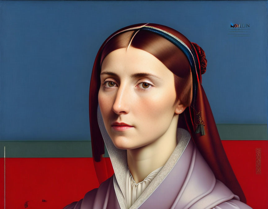 Portrait of woman in headscarf and traditional attire on blue and red background