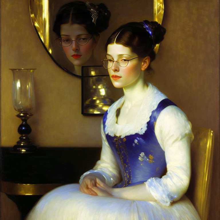 Woman in Blue and White Dress Reflected in Round Mirror