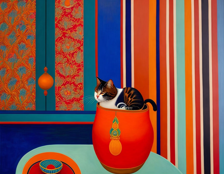 Calico Cat in Red-Orange Pot with Patterned Walls