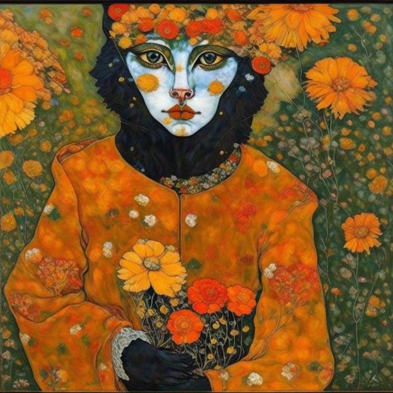 Person with Blue Face Surrounded by Orange Flowers in Floral Garment