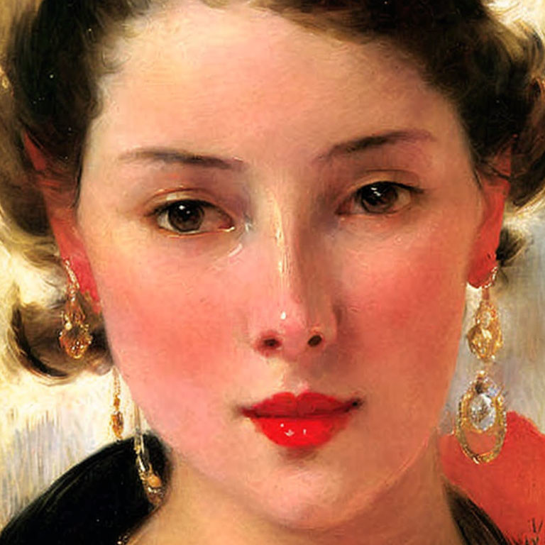 Classical painting of woman with fair skin and gold earrings