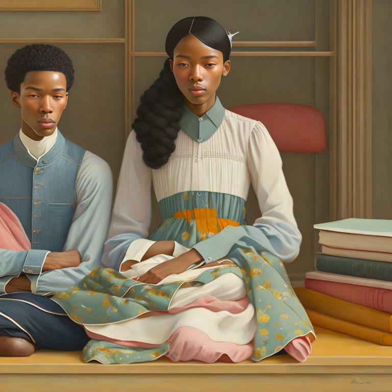 Traditional Attire Painting with Stylized Individuals and Books