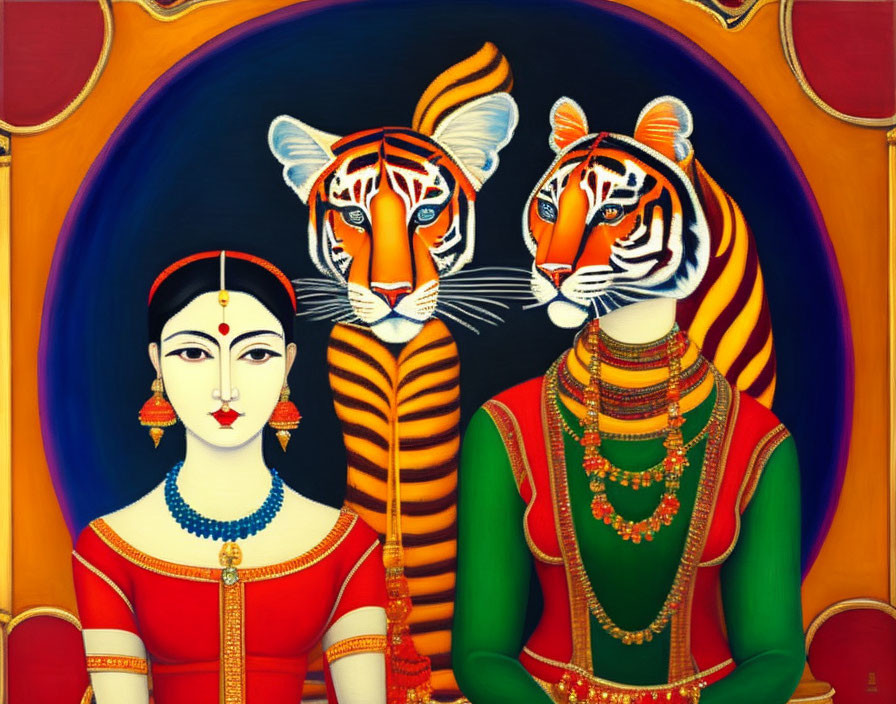 Stylized painting of woman with tigers in traditional Indian attire