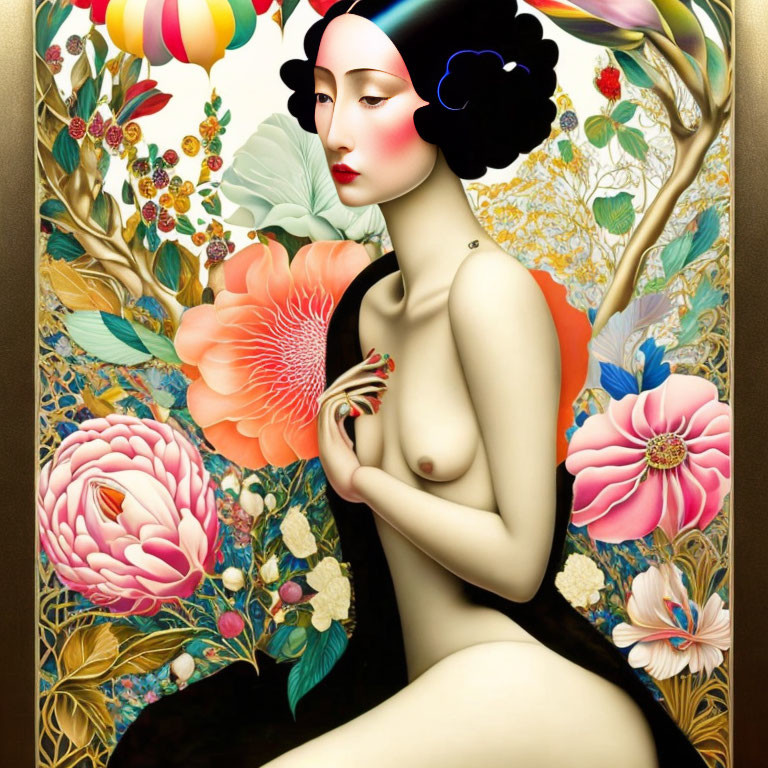 Stylized nude female figure with pale skin and black hair in colorful floral setting