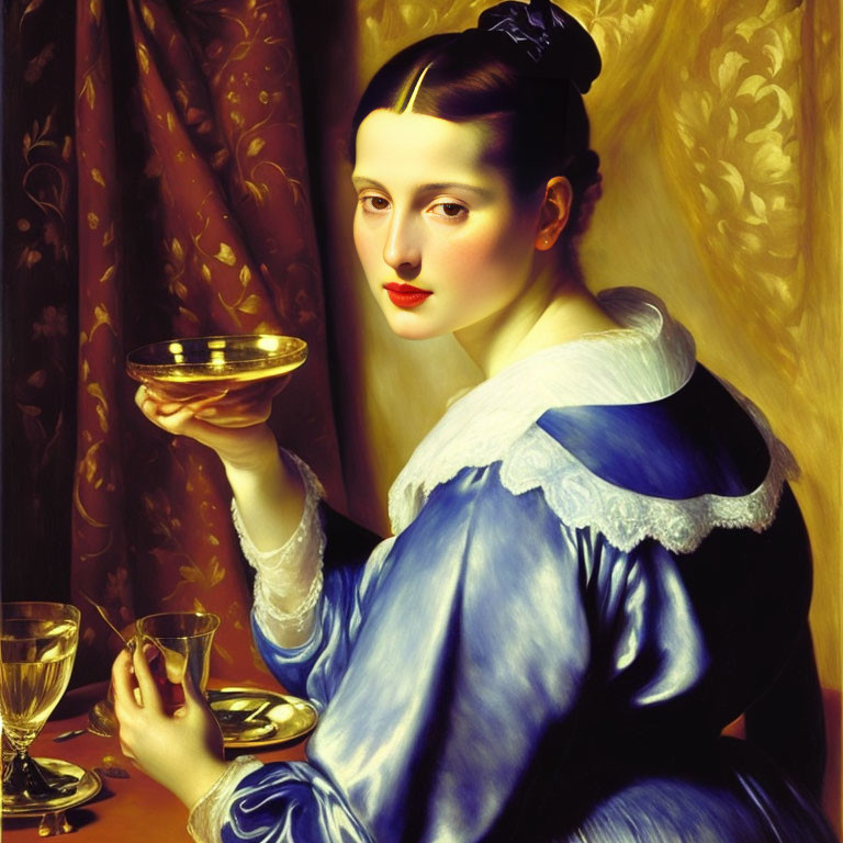 Portrait of woman in blue dress with golden bowl by window sill