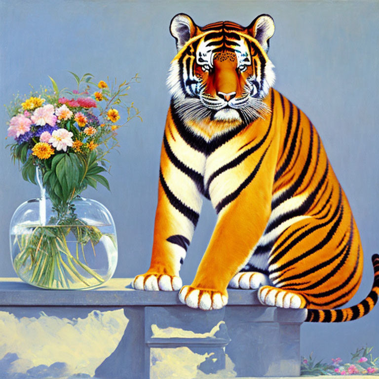 Tiger and Flowers Painting on Blue-Grey Background