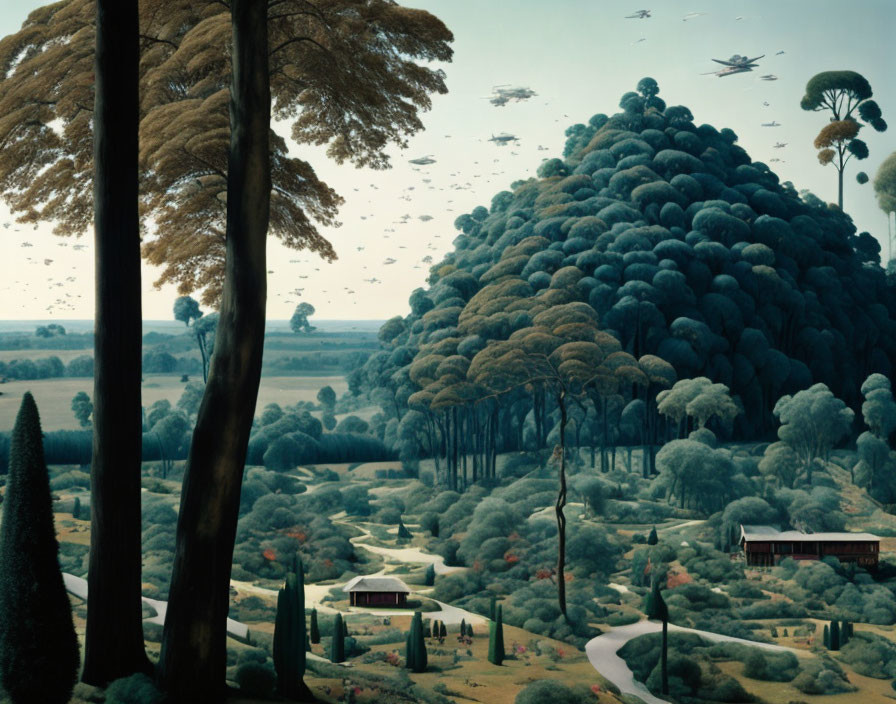 Surreal landscape featuring oversized trees, flying books, countryside view, and twilight ambiance