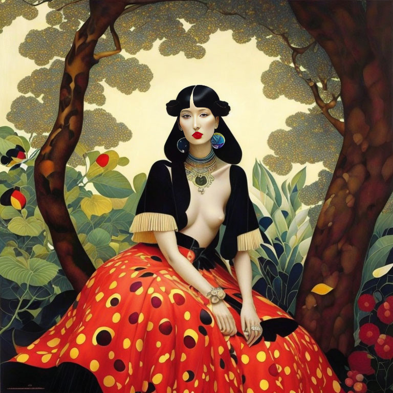 Illustrated Woman in Polka Dot Dress Under Stylized Trees