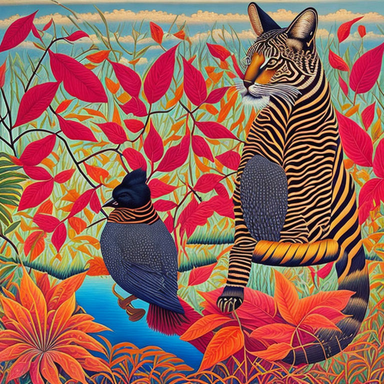 Colorful Tiger and Crow Artwork in Nature Scene