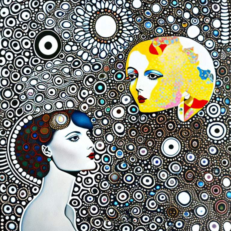 Stylized female faces on patterned background with blue, white, and yellow tones