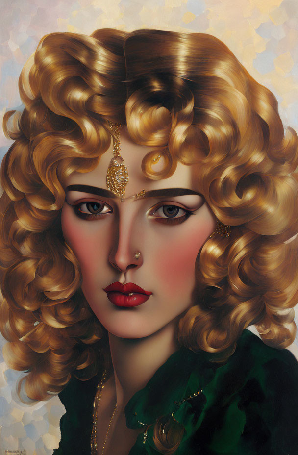 Illustration of woman with curly golden hair, ornate headpiece, red lips, and green garment