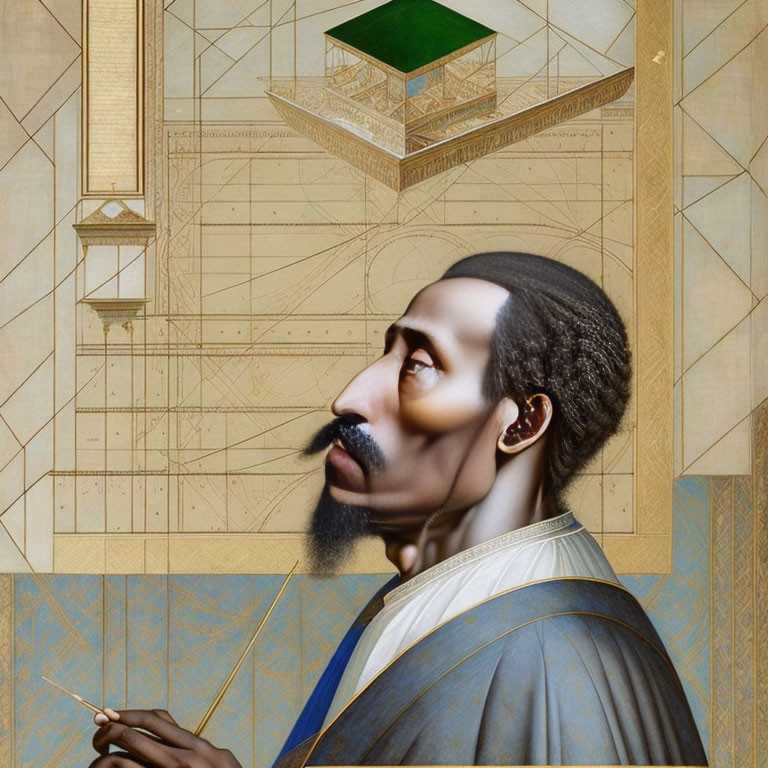 Surreal portrait of man in historical attire with geometric and architectural elements