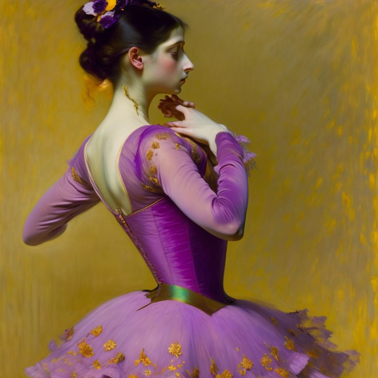 Portrait of woman styled as ballerina in purple and gold costume on yellow background