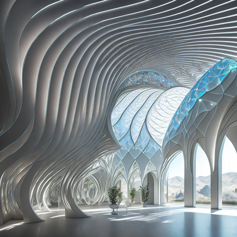 Futuristic interior with white undulating walls and blue glass ceiling.