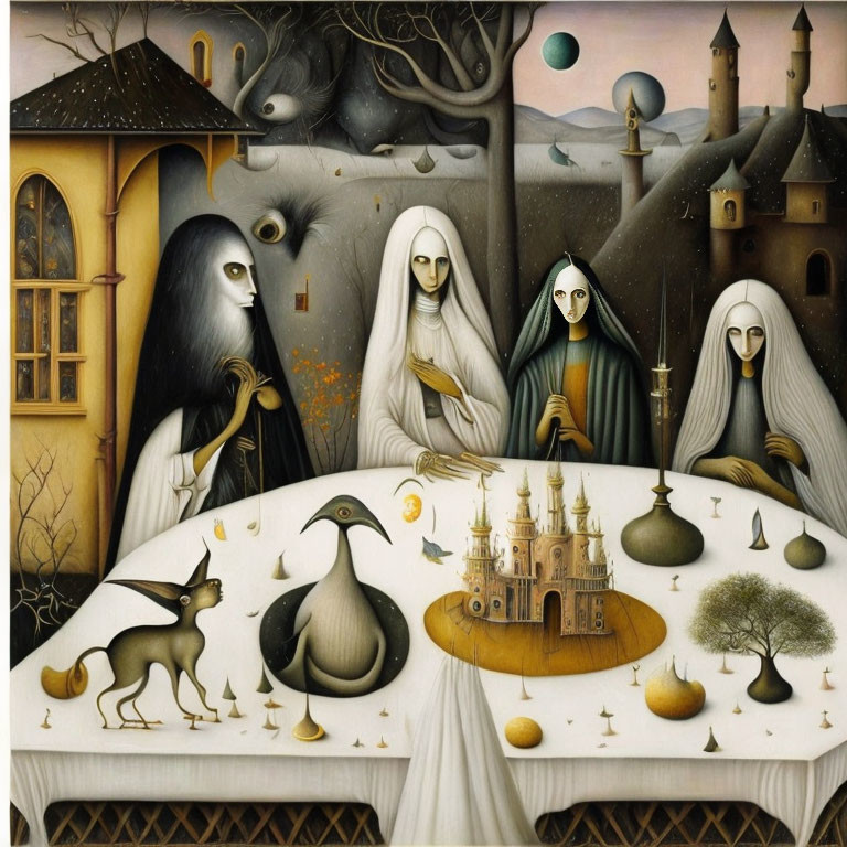 Surreal painting featuring robed figures with bird-like masks at a table with animals and miniature buildings