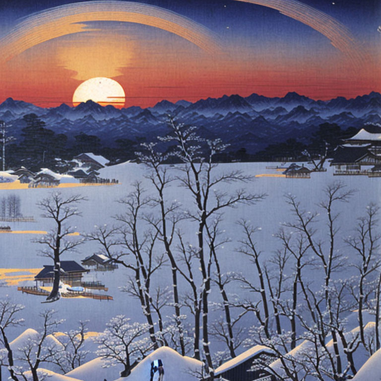 Japanese village in snow-covered mountains at sunset with red sun, bare trees, and silhouetted