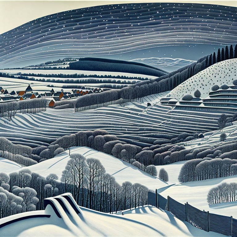 Stylized winter landscape with snow-covered hills, bare trees, starry sky, fields, and