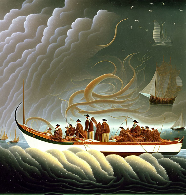 Surreal maritime scene with stylized boat and stormy sky