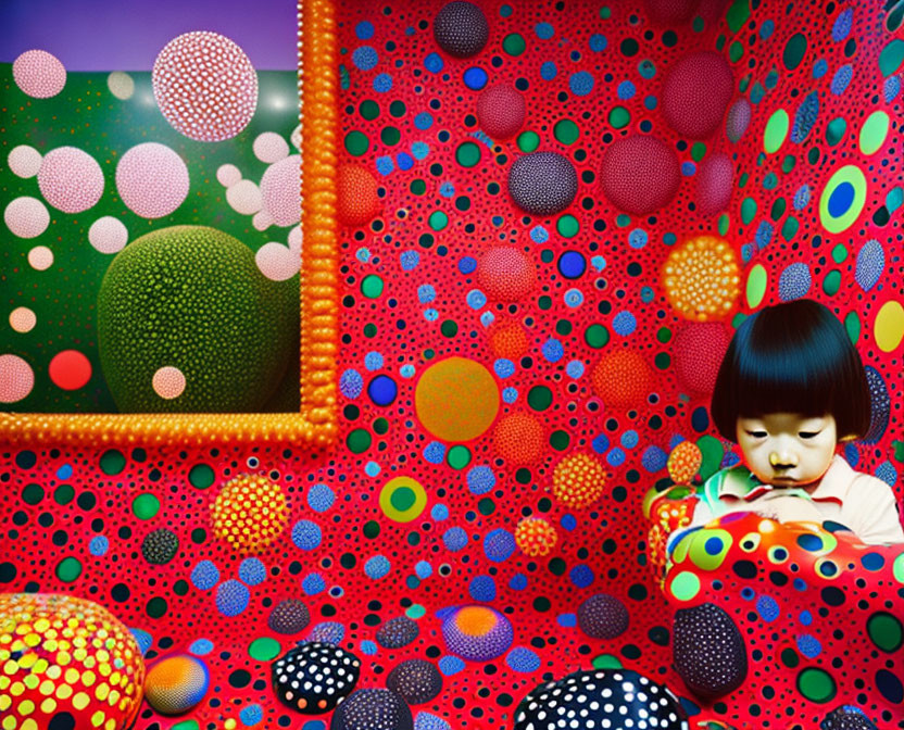 Child in vibrant, polka-dotted sphere environment