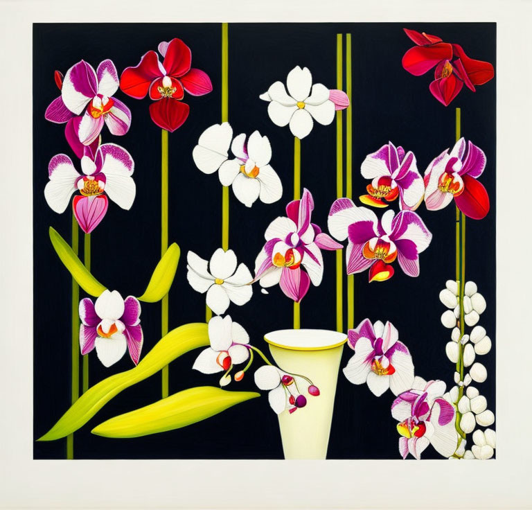 Colorful Orchids Painting in White Vase on Black Background