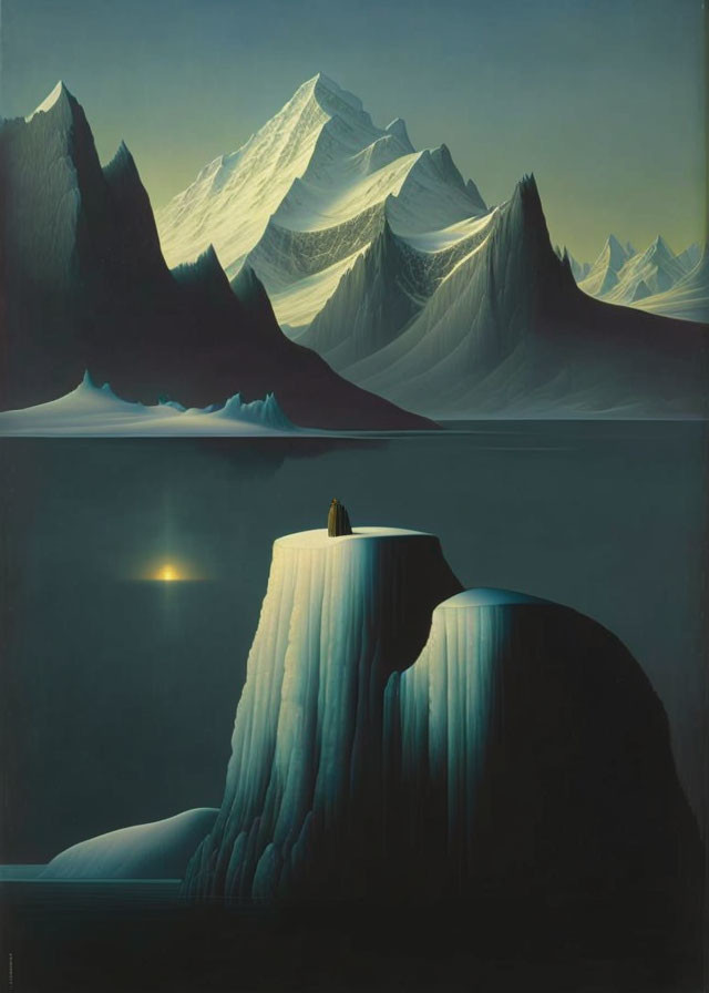 Surreal icy mountains landscape with figure and yellow orb at twilight