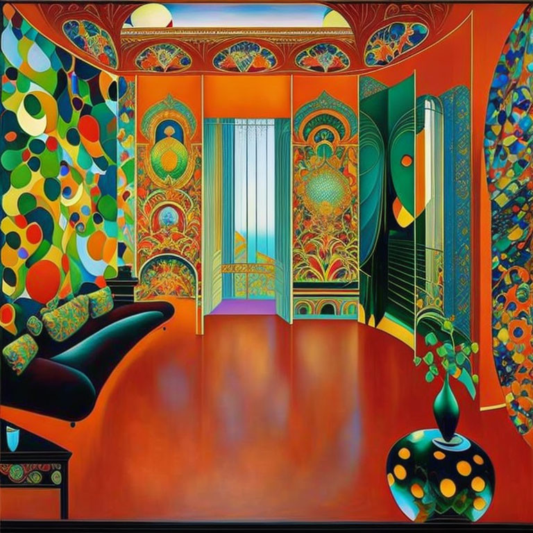 Vibrantly colored room with patterned walls and decorative vase on pedestal