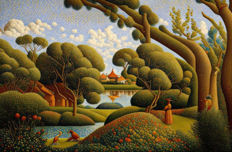 Stylized painting of lush landscape with trees, river, bridge, pagoda, and figures in