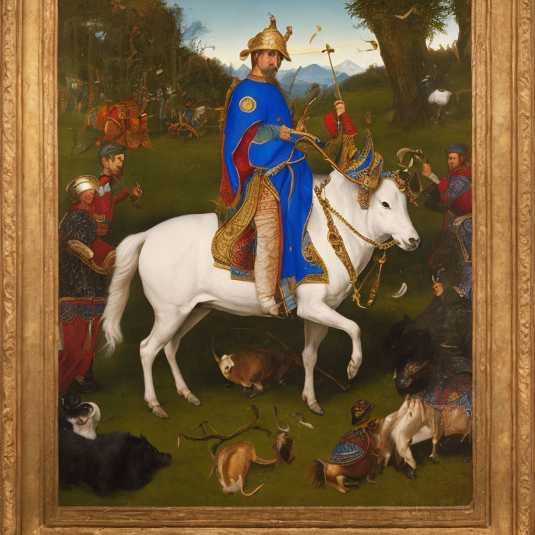 Medieval king on horseback in blue attire with hunting scene.