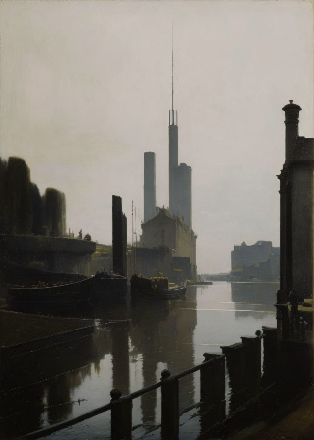 Industrial river scene with moored boats, smokestacks, and buildings.