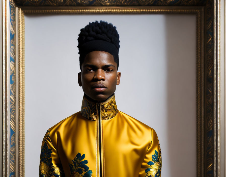 Young man with high-top fade in yellow and blue satin jacket poses in ornate frame