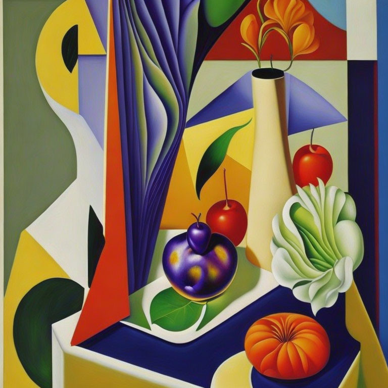 Colorful Cubist Still Life Painting with Fruits, Flowers, and Curtain