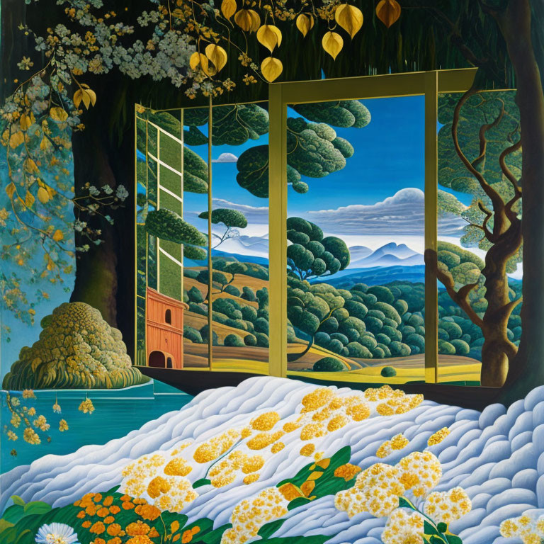 Colorful painting of open window overlooking scenic landscape