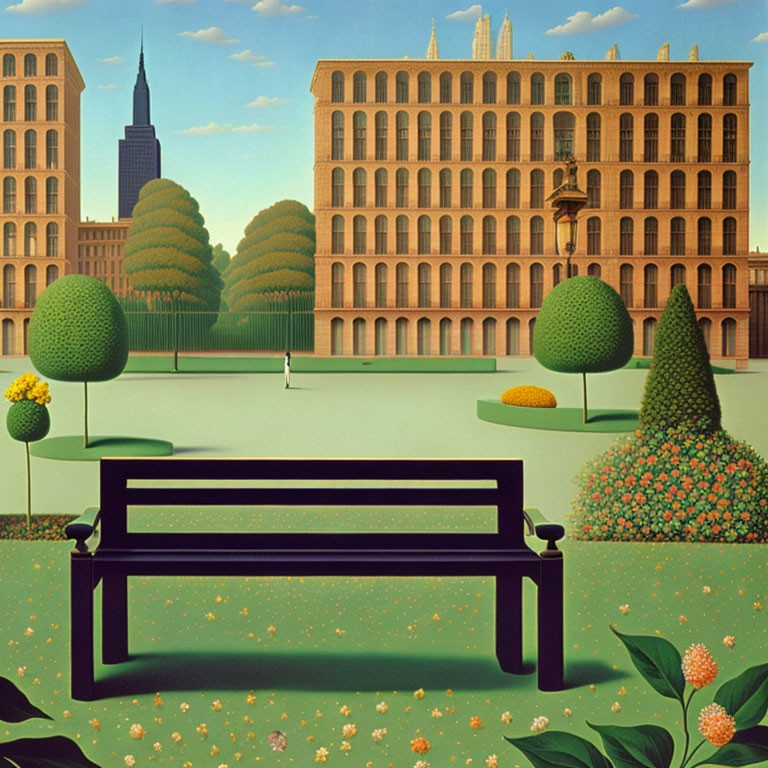 Exaggerated perspective urban park scene with topiary trees, bench, and solitary figure