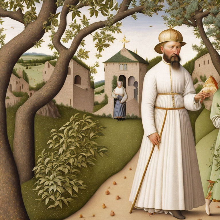 Detailed Painting of Bearded Man in White Robe Holding Glass by Tree