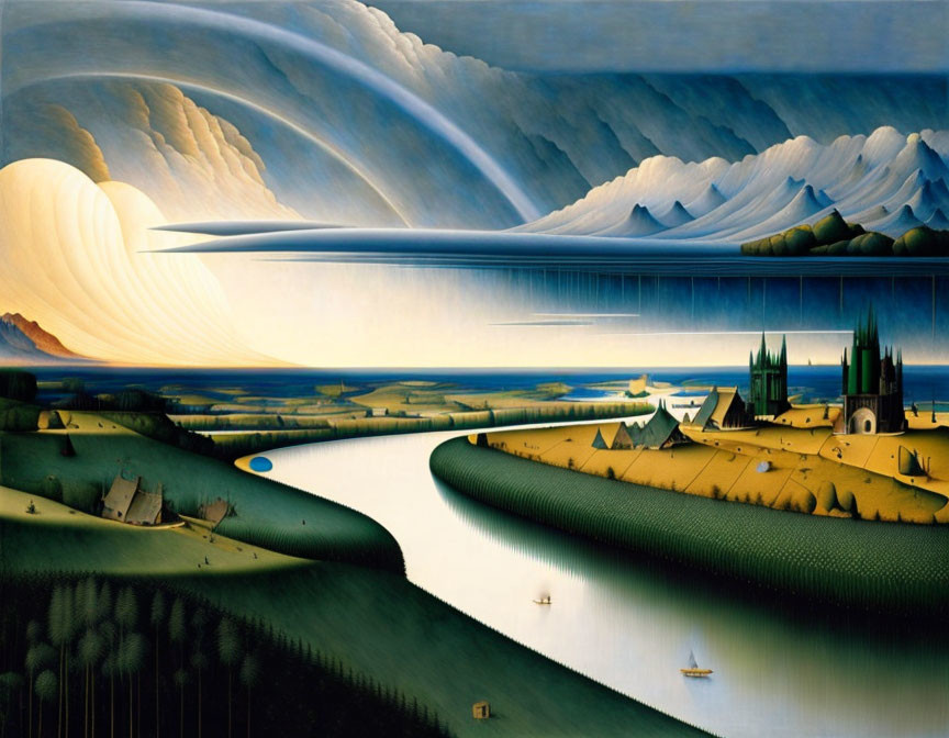 Surreal landscape painting: rolling hills, river, traditional buildings, dramatic sky with exaggerated clouds and