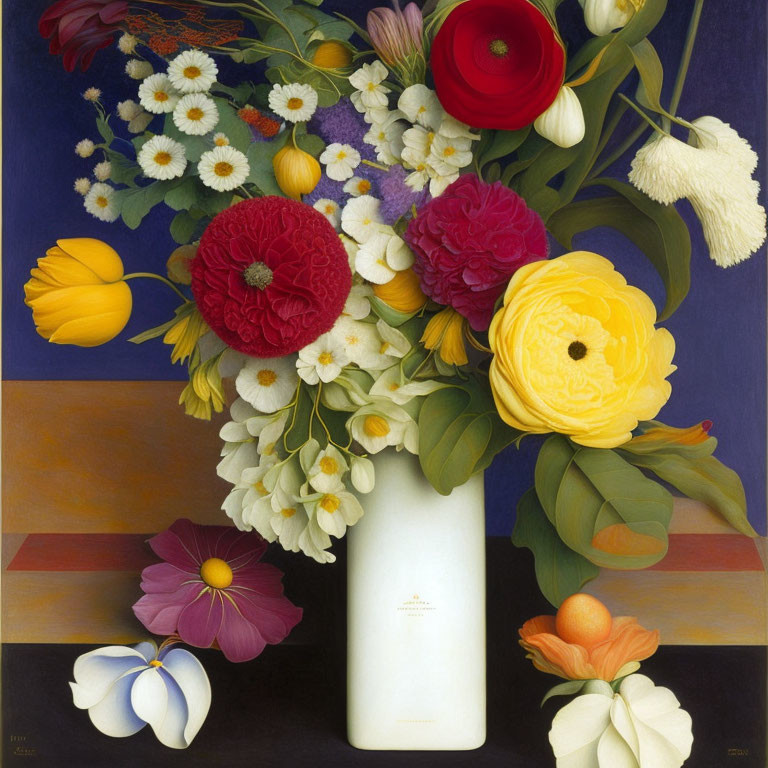 Colorful Flower Still-Life Painting with White Vase on Dark Background