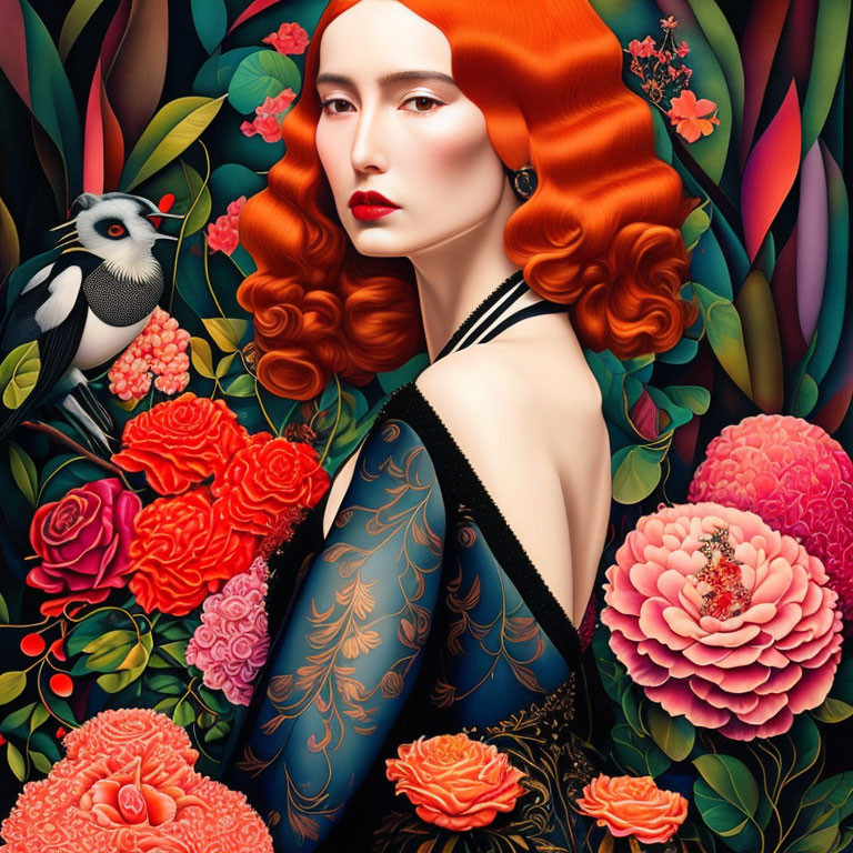 Vibrant red hair woman portrait with flowers and bird in rich colors