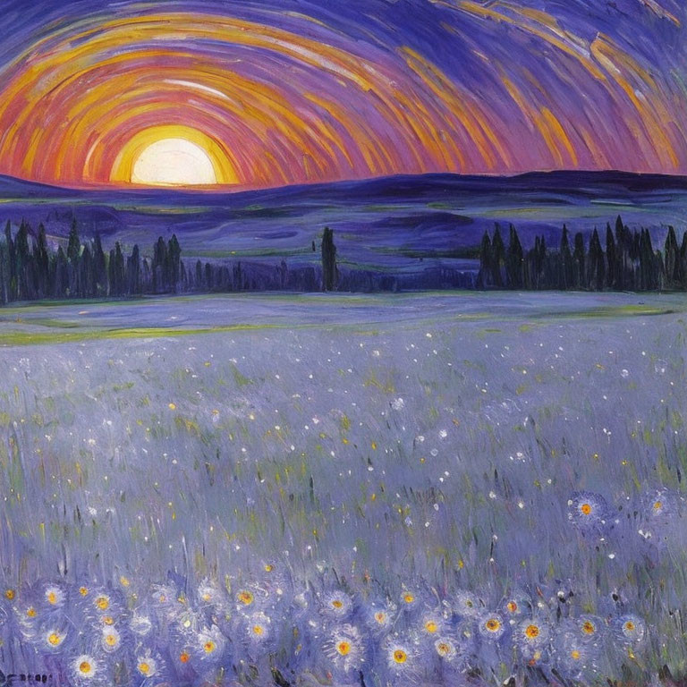 Colorful sunset painting with orange and purple sky over blue and white flower field