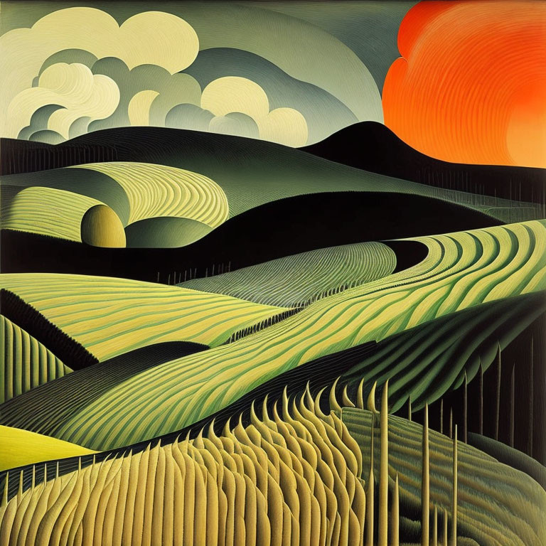 Vibrant landscape painting: green fields, wavy patterns, dark hills, white clouds, red