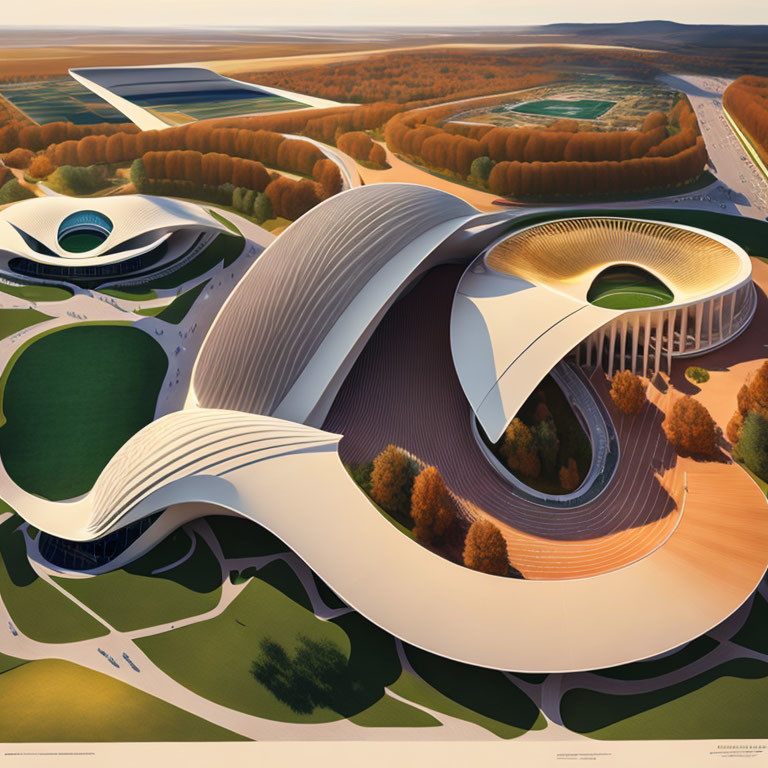 Futuristic complex with wave-like architecture in autumn landscape