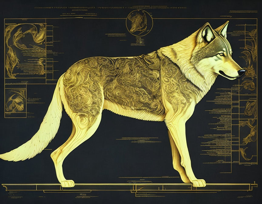 Detailed wolf illustration on blueprint background