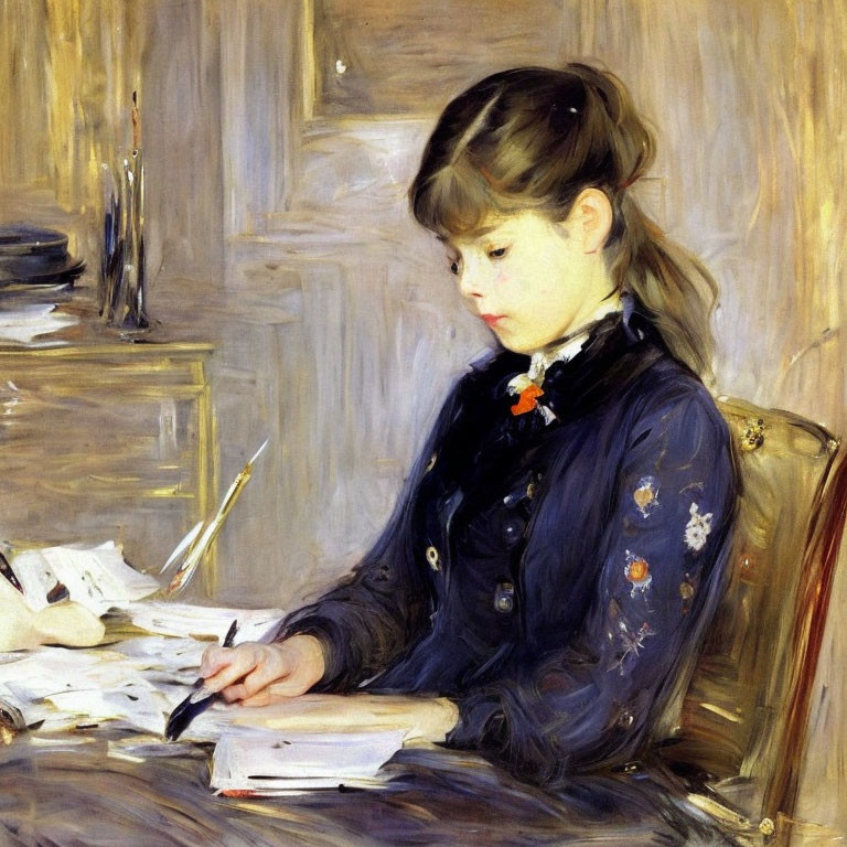 Young girl writing at desk in dark blue dress with quill and papers.