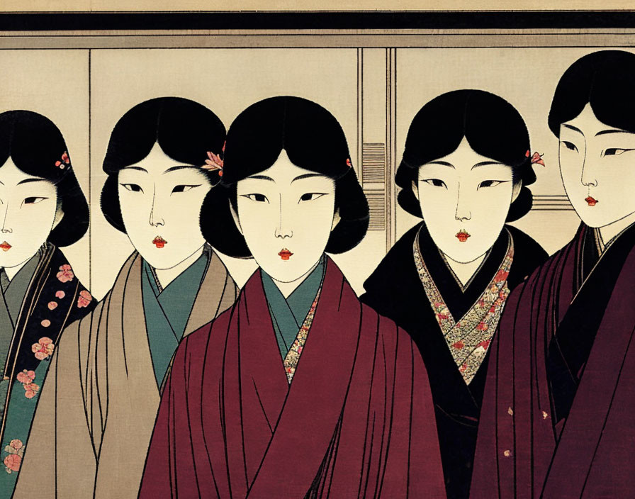 Stylized female figures in traditional Japanese attire with unique hairstyles and floral details