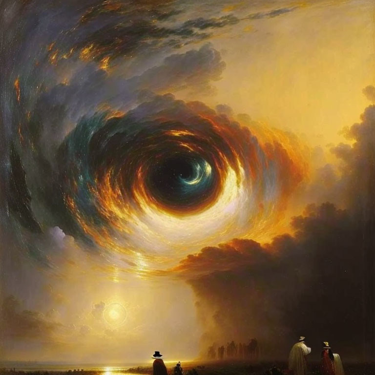 Surreal painting of people gazing at swirling vortex in the sky