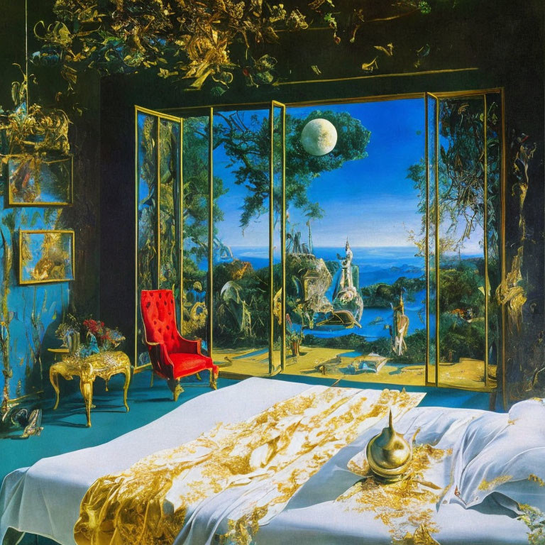 Luxurious room with red chair, golden decor, bed with golden sheets, and surreal moonlit outdoor